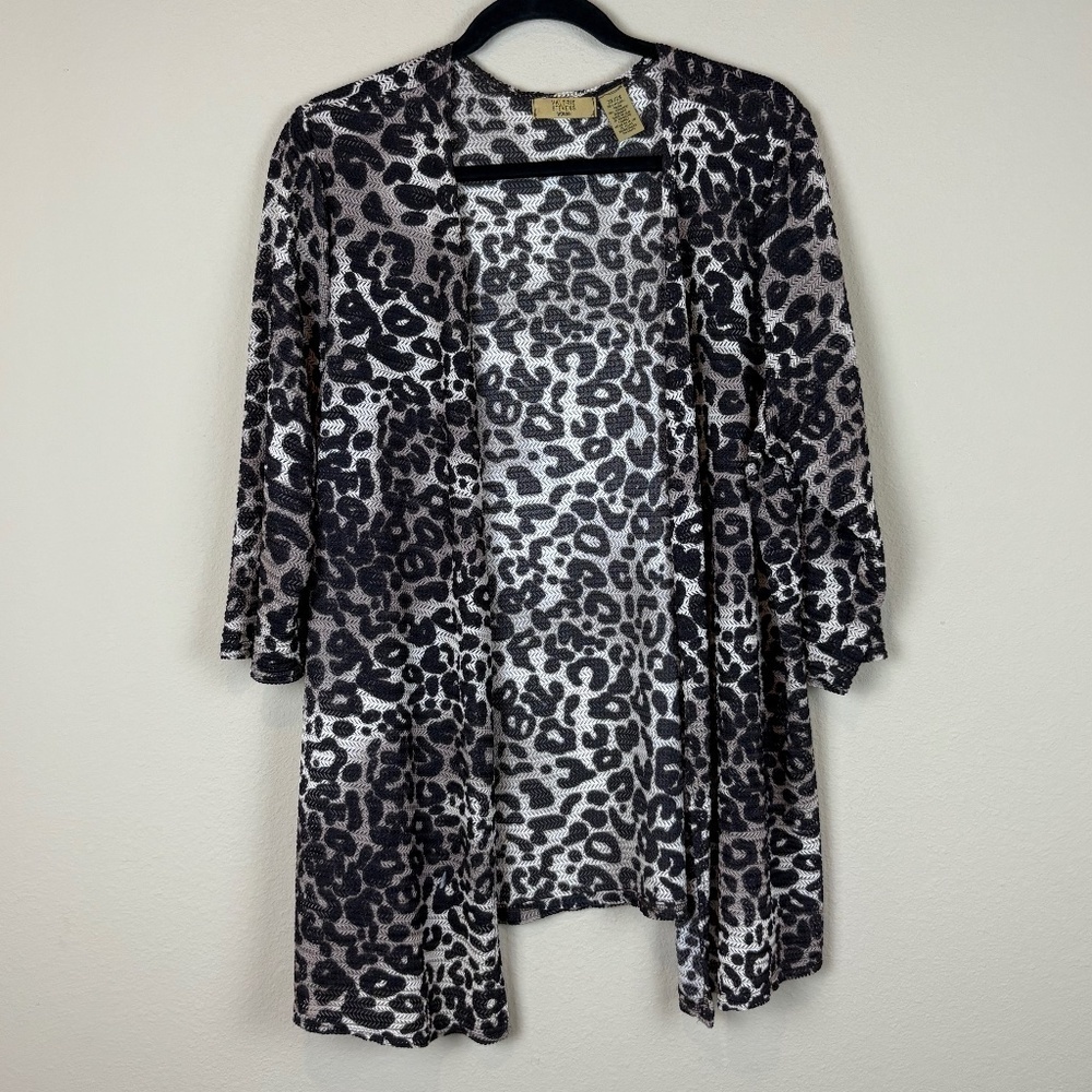 Valerie Stevens Brown Leopard Animal Print Knit Stretch Open Front Cardigan